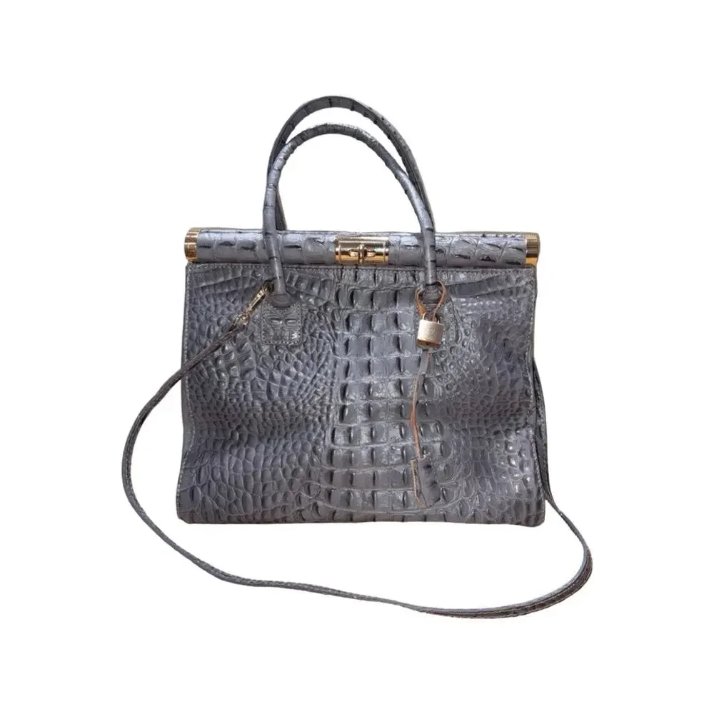 Made in Italy Gray Croc-Embossed Genuine Leather Satchel Bag